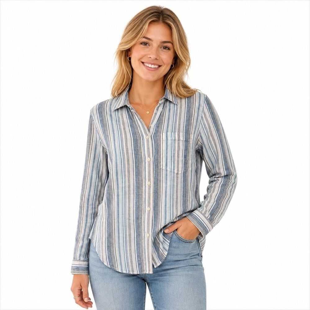 Gap Shirt Womens Small Blue Striped Linen Button Front Long Sleeve Top Boyfriend